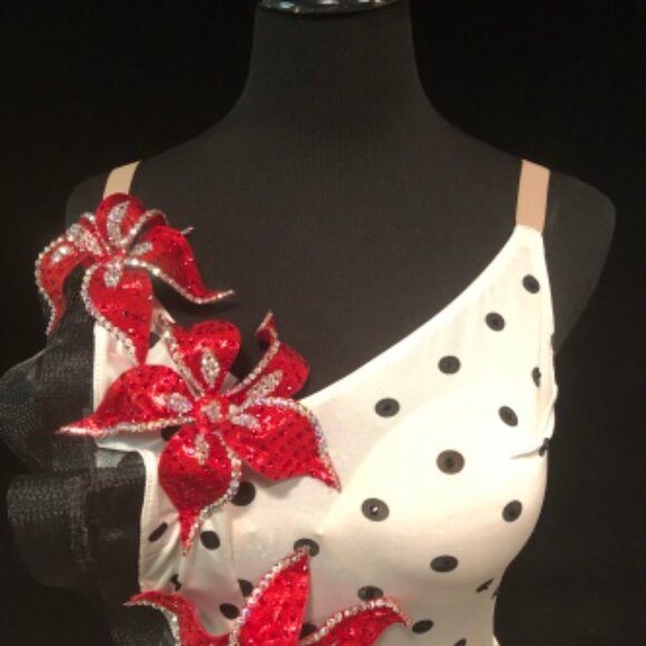 Valeria Designs Dresses & Skirts - "Lola" - Polka Dot couture Valeria Designs Swing dresss w/ red Swarovski flowers